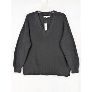 NWT LOFT Cotton V Neck Ribbed Sweater Women's Large Black Knit Oversized